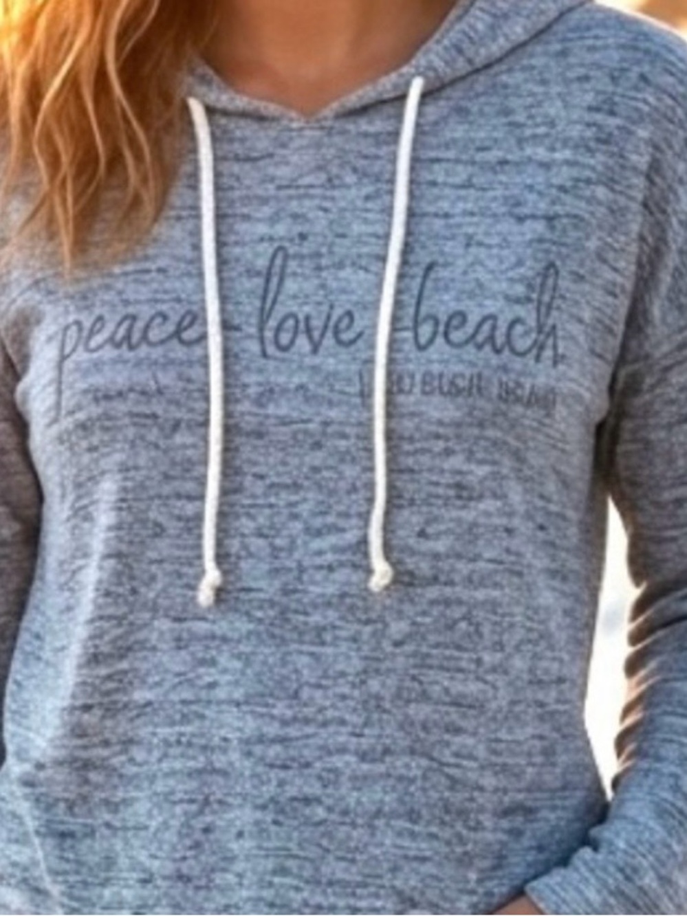 Camp David  PEACE LOVE BEACH cozy Gray Hooded Pullover Top